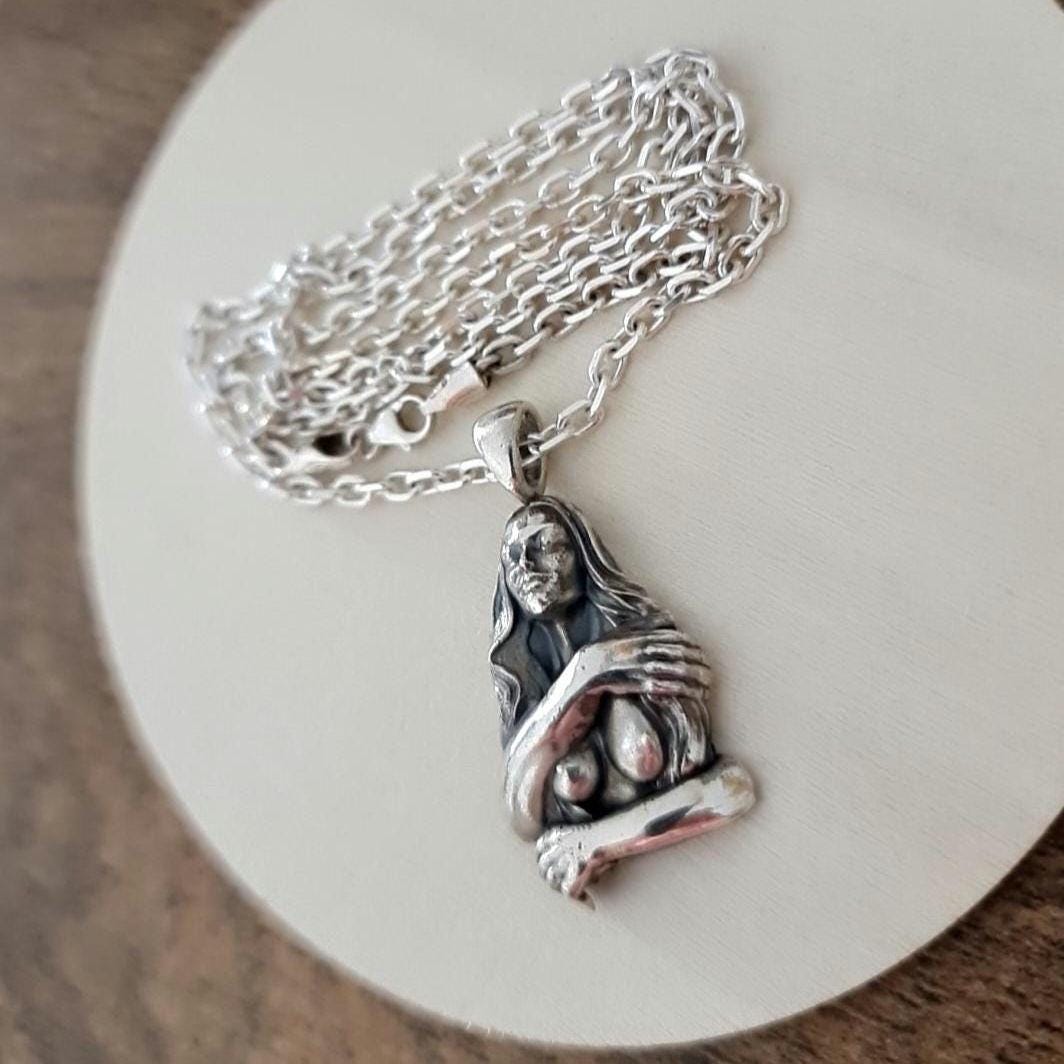 Retro topless godess held by man's arms- Pendant in 925  Sterling Silver -Unique Handcrafted Gift for Her or him