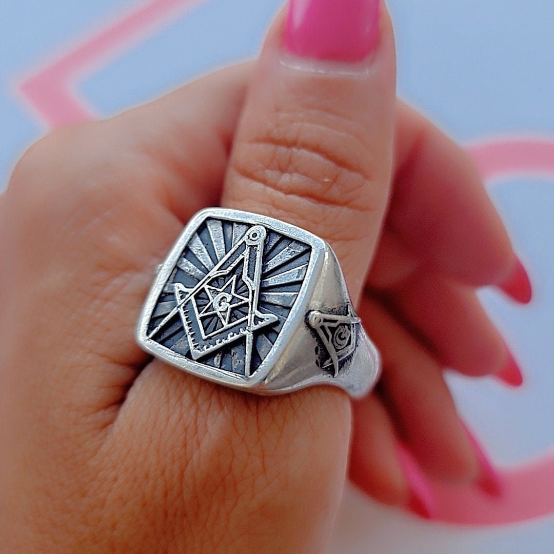 Masonic Square and Compass Symbol Ring - Solid Freemasonry Emblem for Men -925 Sterling Silver -