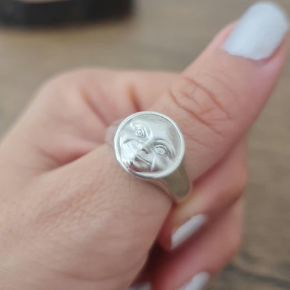 Handmade Sterling Silver Full Moon Face Ring: Celestial Jewelry