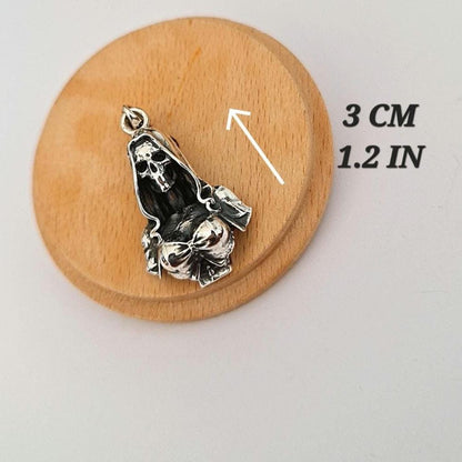 Silver Santa Muerte pendant - Skeleton Goddess in Hooded Cloak and Bow-Tied Top   Gothic Death Jewelry