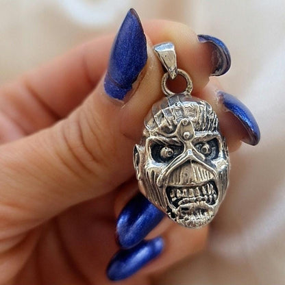 Handmade Sterling Silver IronMaiden Eddie Skull Pendant: Biker Rock Jewelry