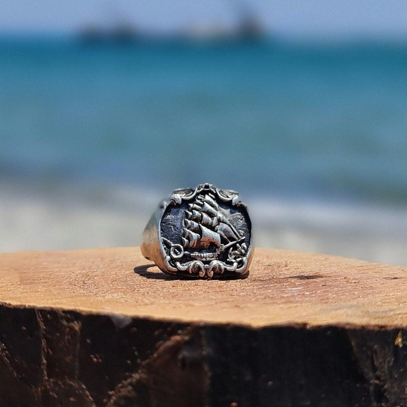 Handmade Sterling Silver Kraken Signet Ring: Gothic Pirate Ship Design