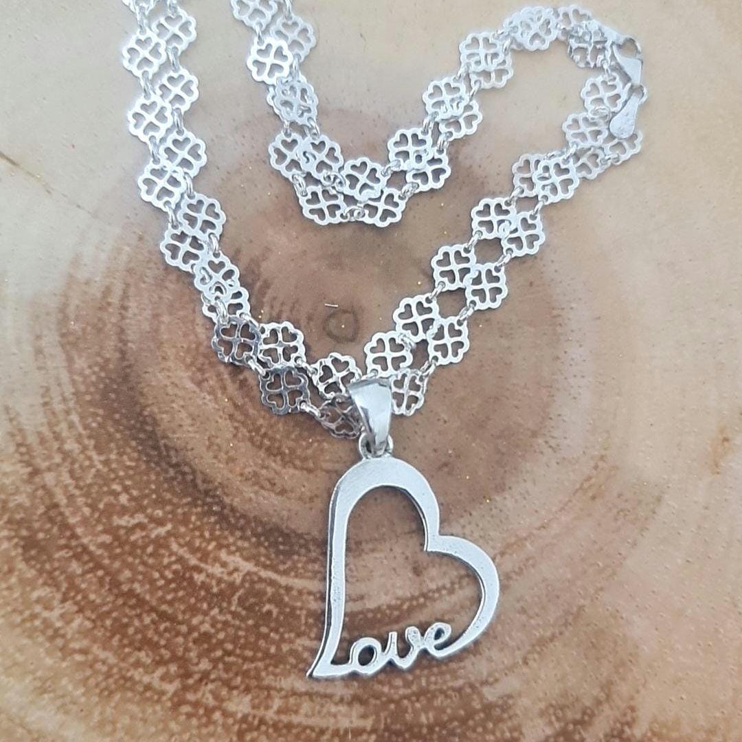 Handmade Sterling Silver Love Heart Necklace - Floral Chain