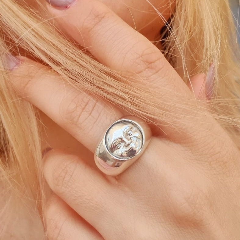 Handmade Sterling Silver Moon Face Ring - Celestial Jewelry