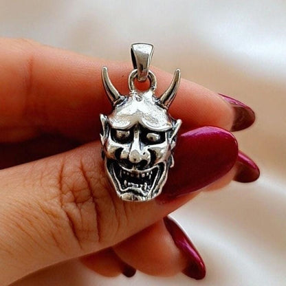 Sterling Silver Japanese Oni Mask Pendant: Gothic Biker Jewelry