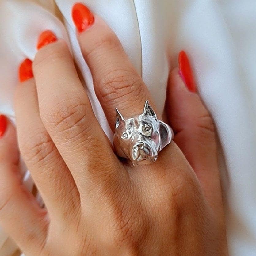 Handmade Sterling Silver Pitbull Ring: Dog Lover Gift