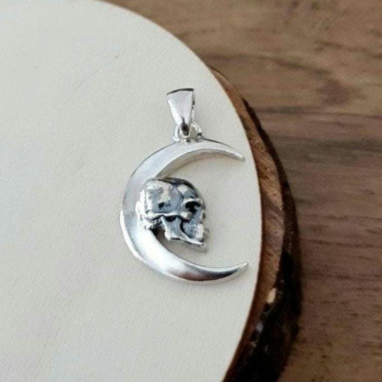 Handmade Gothic Sterling Silver Skull Moon Pendant Necklace