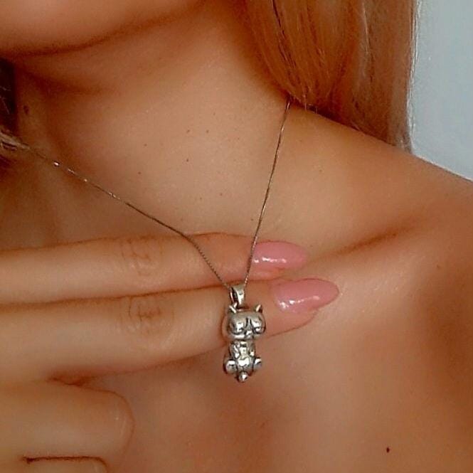 Handmade Sterling Silver Lazy Kitten Pendant - Cat Lover Jewelry