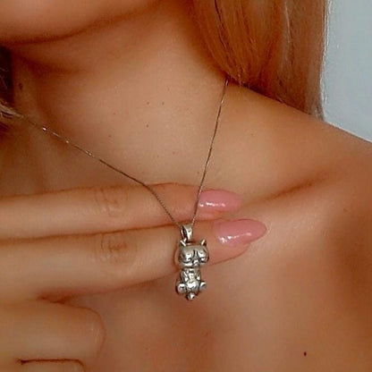 Handmade Sterling Silver Lazy Kitten Pendant - Cat Lover Jewelry