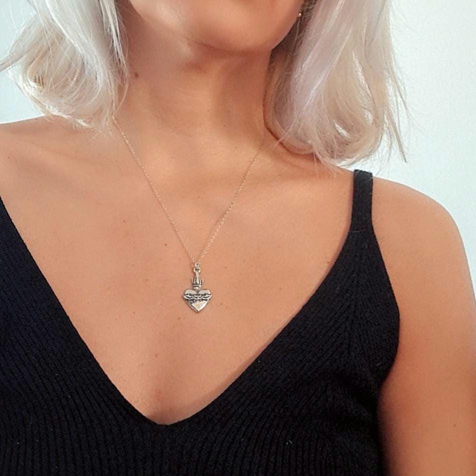 Sterling Silver Sacred Heart Necklace: Flame & Thorns, Catholic Gift