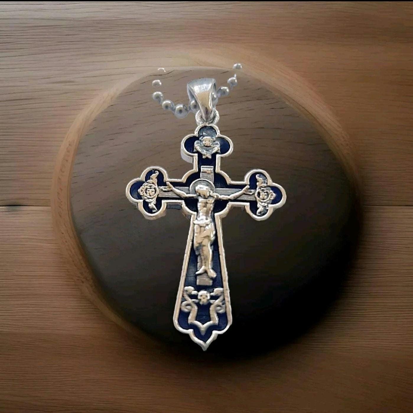 Handmade Sterling Silver Rosary Necklace: Jesus Crucifix Cross Pendant