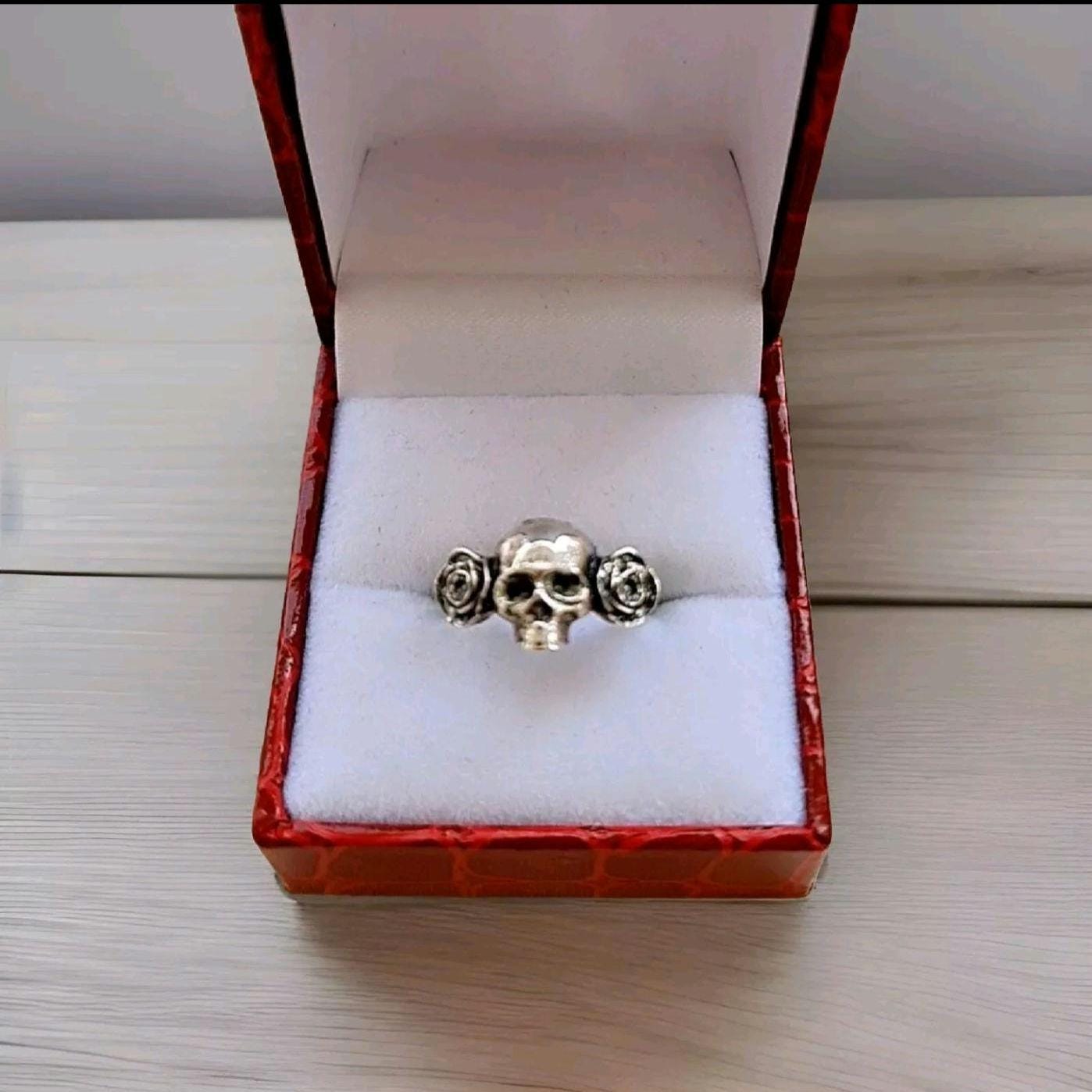 Handmade Sterling Silver Skull Ring with Roses: Edgy Gothic Jewelry
