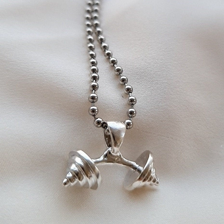 Handmade Silver Barbell Pendant: Fitness Motivation Jewelry