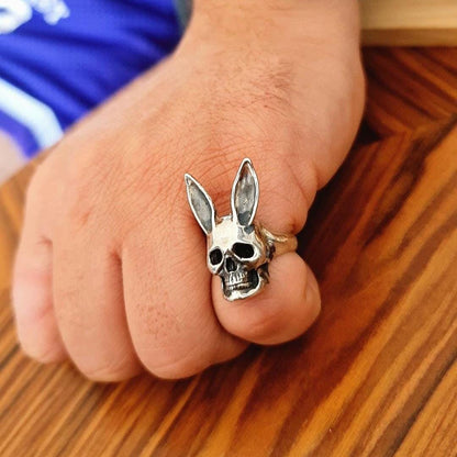 Handmade Sterling Silver Bunny Skull Ring: Gothic Statement Jewelry