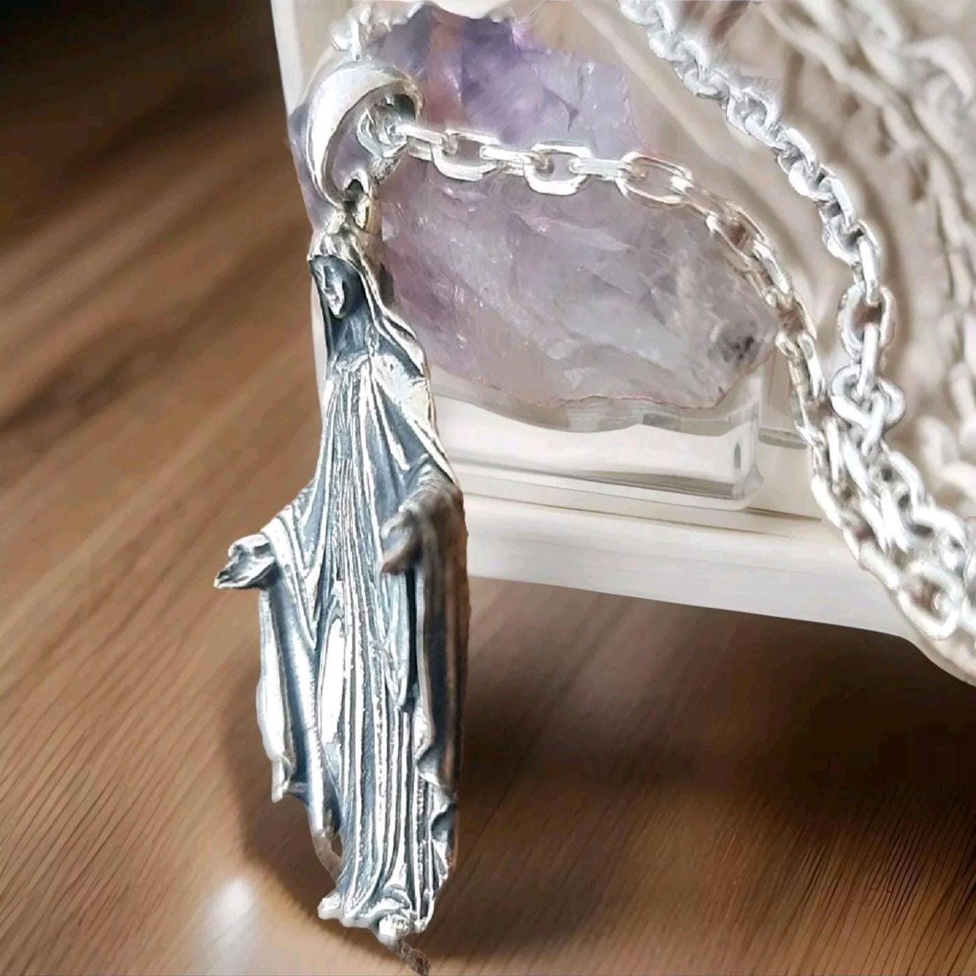 Sterling Silver Virgin Mary Necklace: Religious Protection Pendant