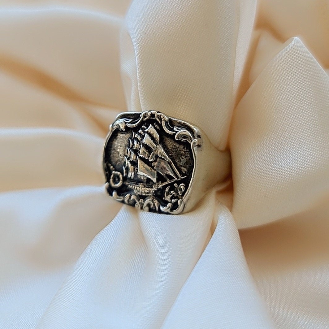 Handmade Sterling Silver Kraken Signet Ring: Gothic Pirate Ship Design