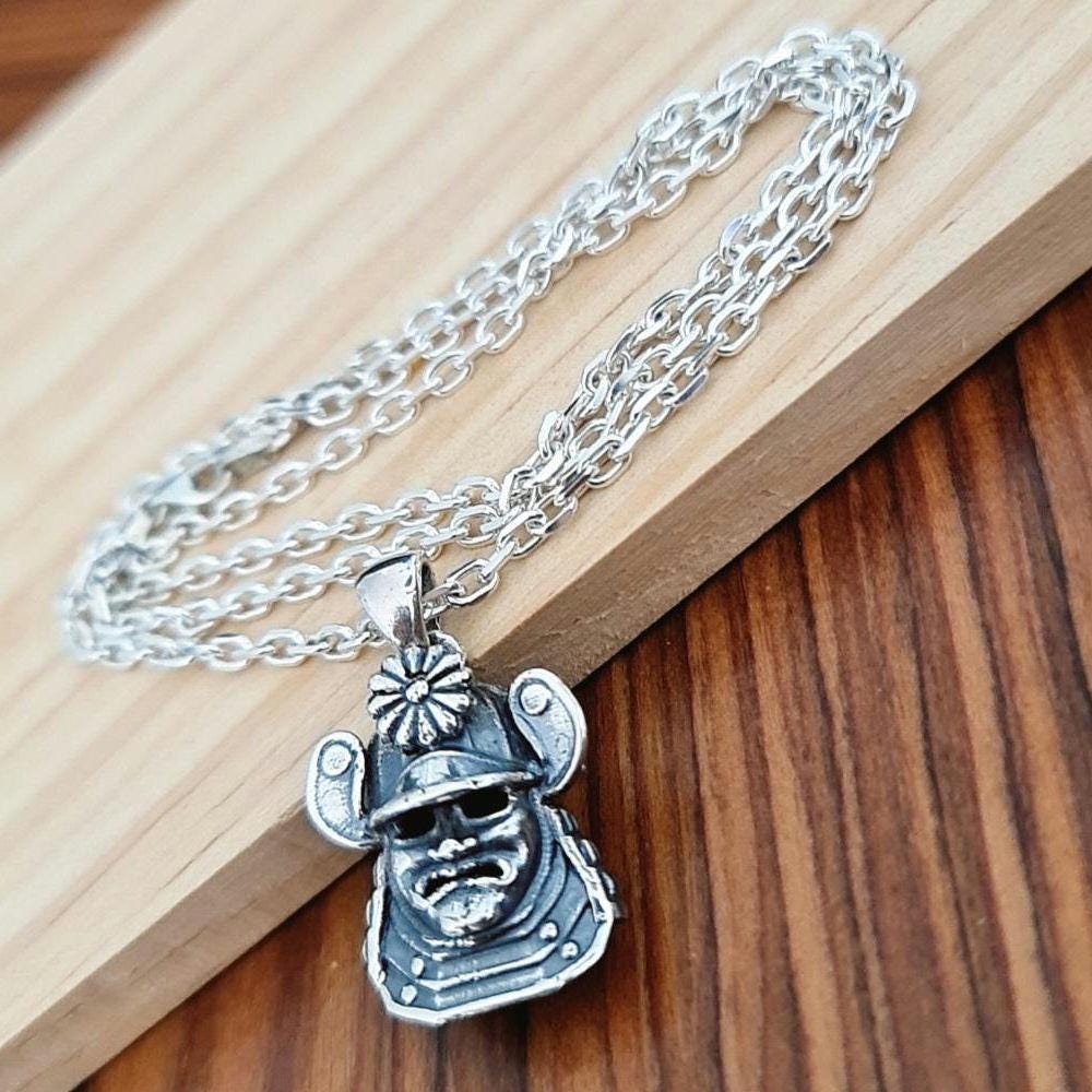 Handmade Sterling Silver Samurai Mask Pendant: Gothic Japanese Necklace