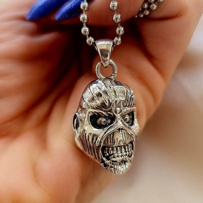 Handmade Sterling Silver IronMaiden Eddie Skull Pendant: Biker Rock Jewelry