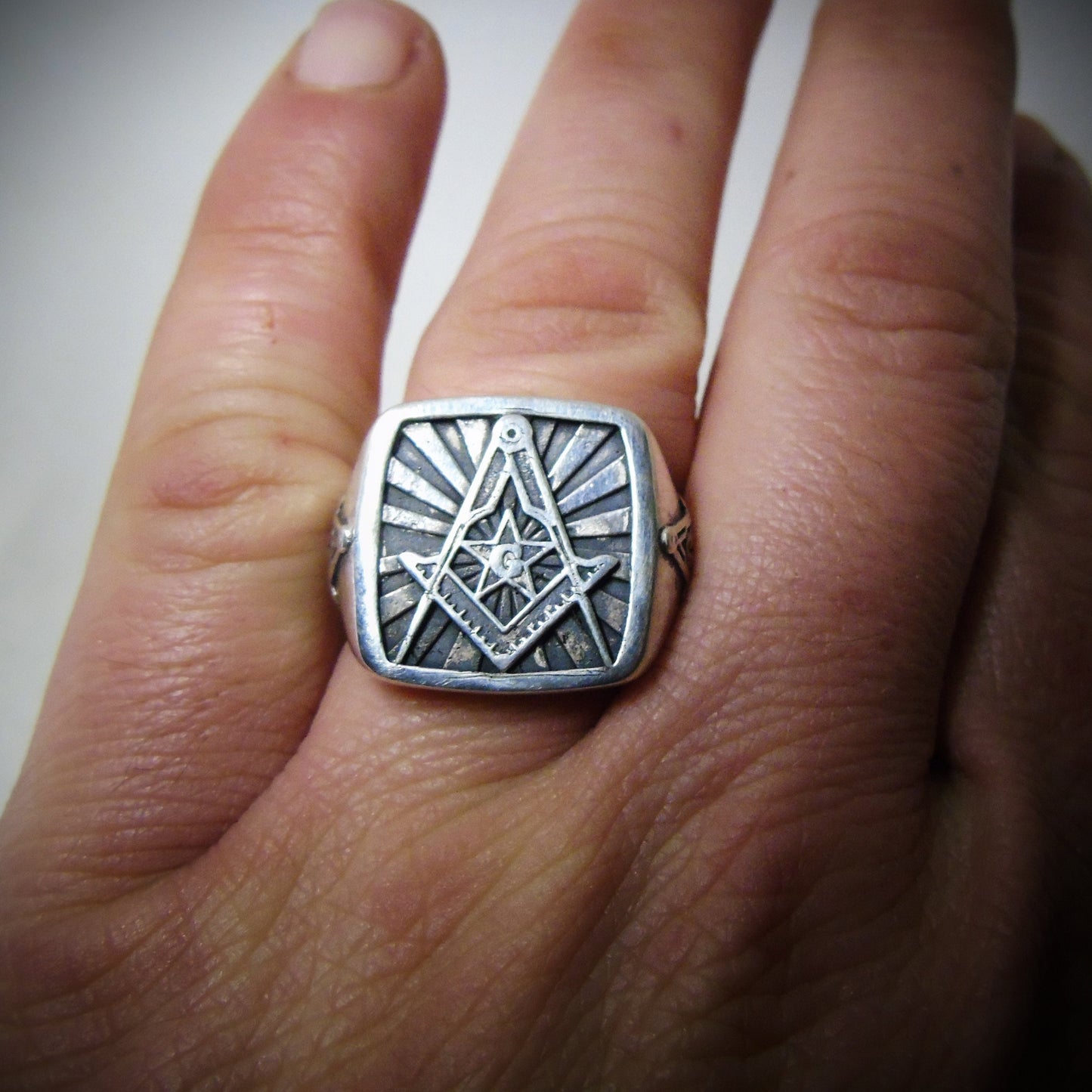 Masonic Square and Compass Symbol Ring - Solid Freemasonry Emblem for Men -925 Sterling Silver -