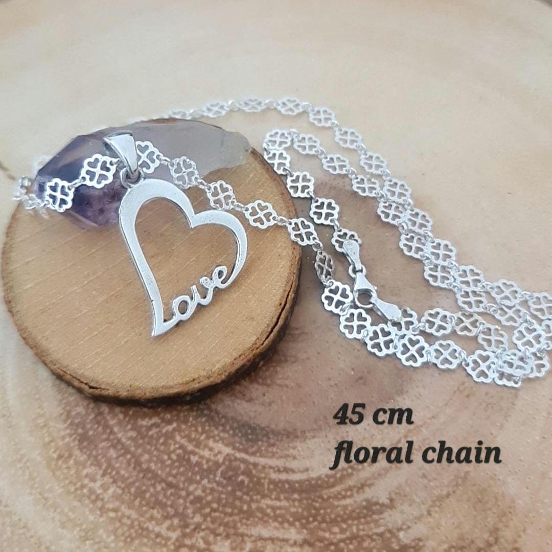 Handmade Sterling Silver Love Heart Necklace - Floral Chain