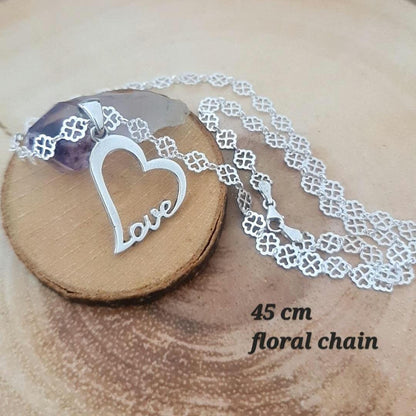 Handmade Sterling Silver Love Heart Necklace - Floral Chain