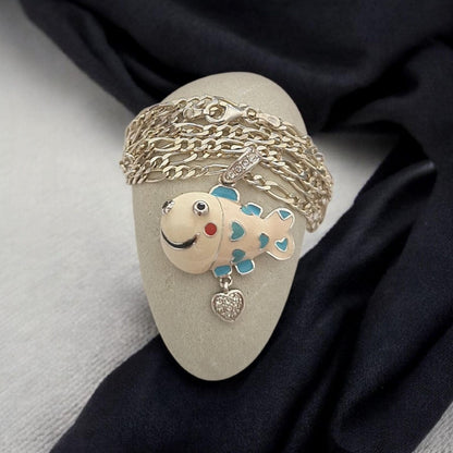Silver Enamel Fish Necklace • 925 Sterling Silver Figaro Chain 50cm • Ocean Jewelry • Colorful Fish Pendant