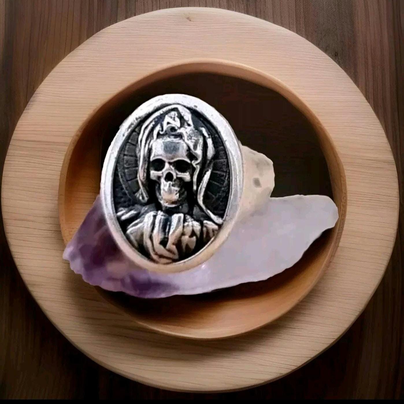 Handmade Santa Muerte Skull Ring: Gothic 925 Silver Jewelry