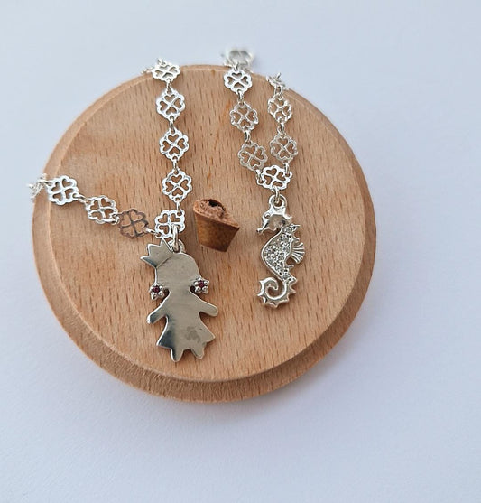 Children’s Sterling Silver Bracelets – Seahorse with Sparkling Stones & Little Princess Charm – 15cm Floral Chain