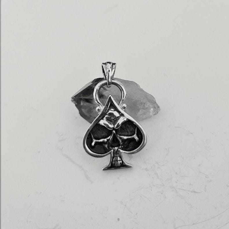 Handmade Sterling Silver Ace of Spades Skull Pendant: Gothic Punk Jewelry