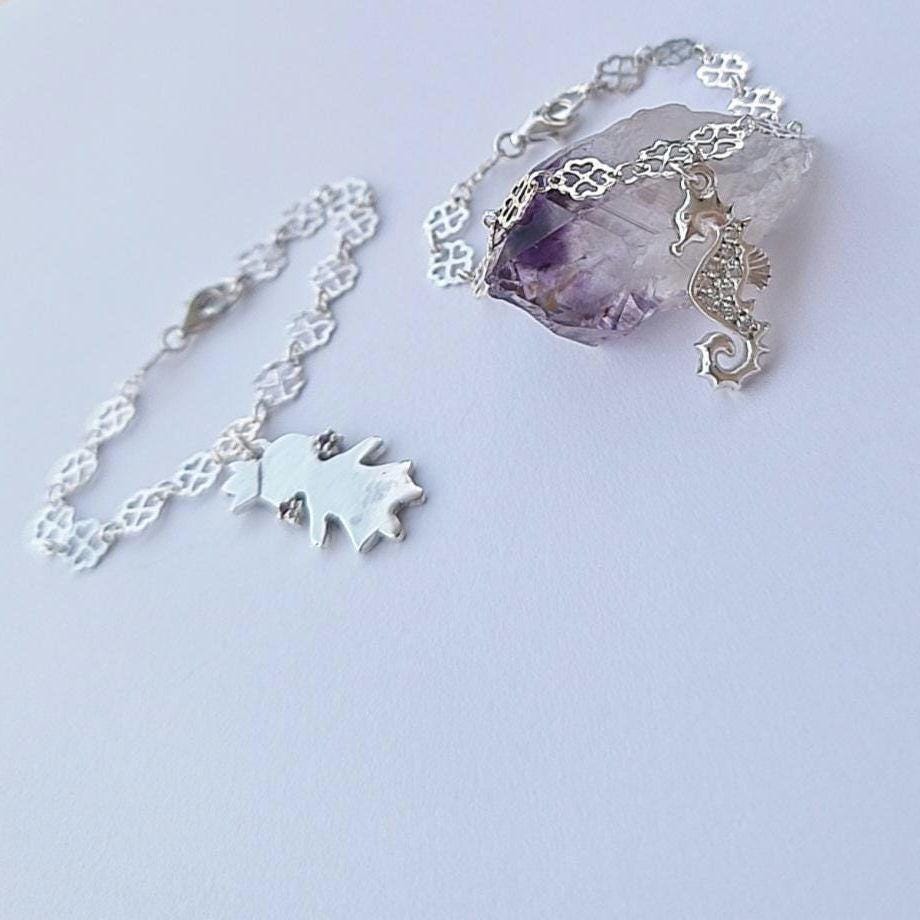 Children’s Sterling Silver Bracelets – Seahorse with Sparkling Stones & Little Princess Charm – 15cm Floral Chain