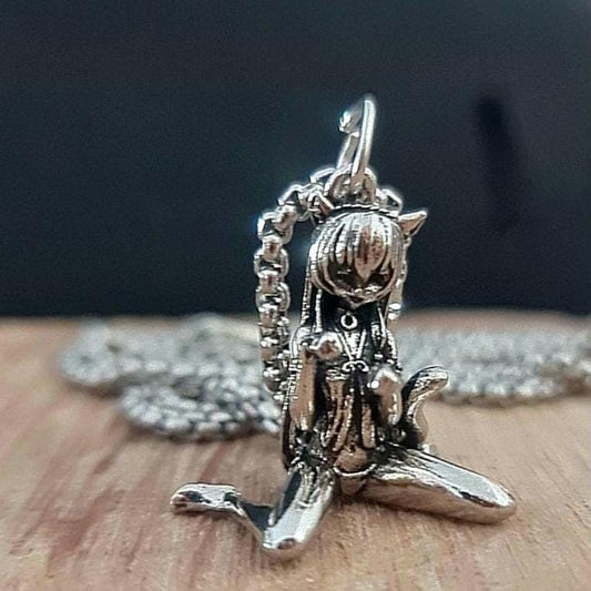 Anime Catgirl Pewter Necklace: Art Deco Cosplay Jewelry