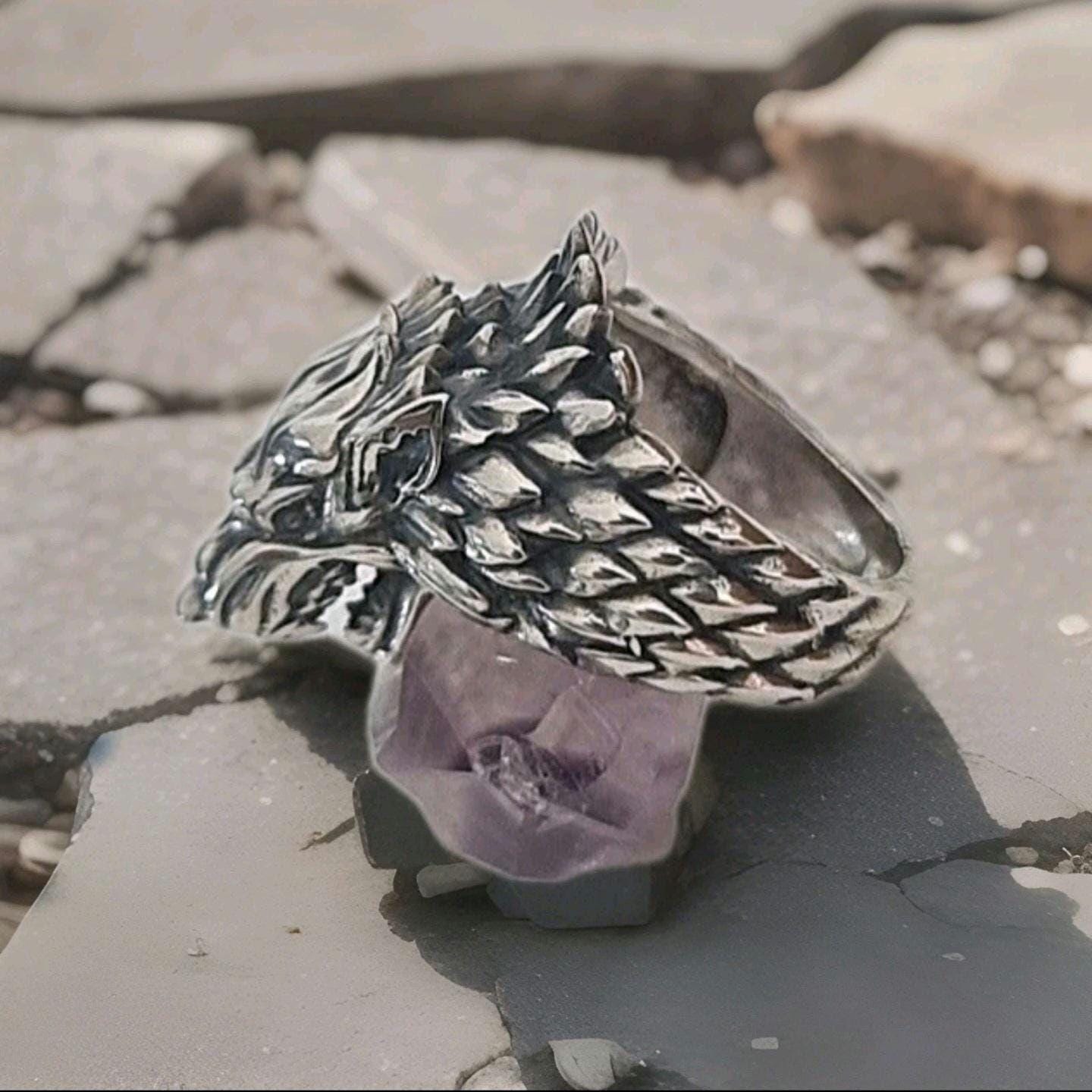 Sterling Silver Game of Thrones Direwolf Winter is Coming Ring: Handmade Viking Wolf Head Jewelry
