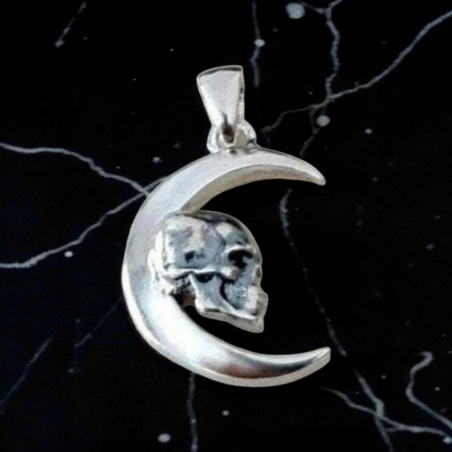 Handmade Gothic Sterling Silver Skull Moon Pendant Necklace