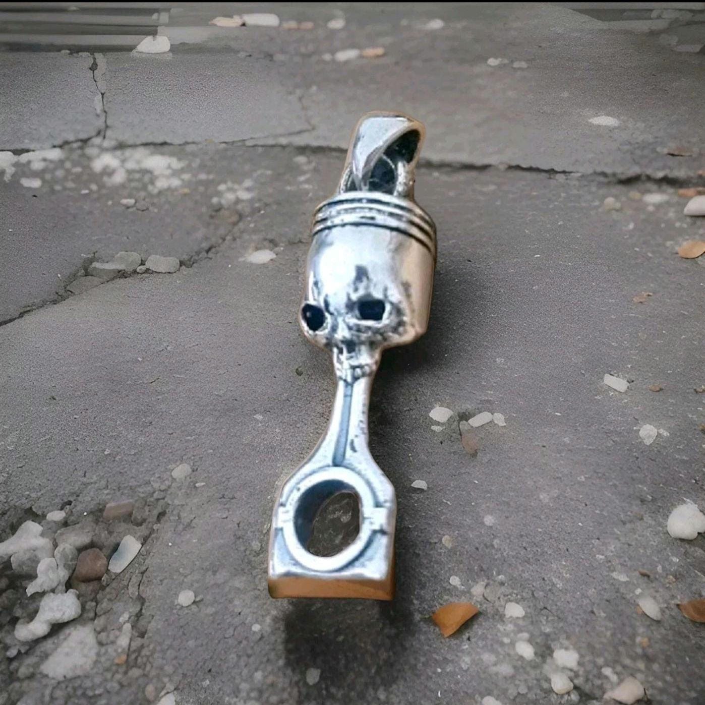 Handmade Sterling Silver Skull Piston Pendant - Gothic Biker Charm