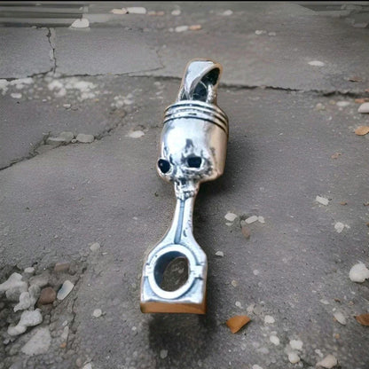 Handmade Sterling Silver Skull Piston Pendant - Gothic Biker Charm