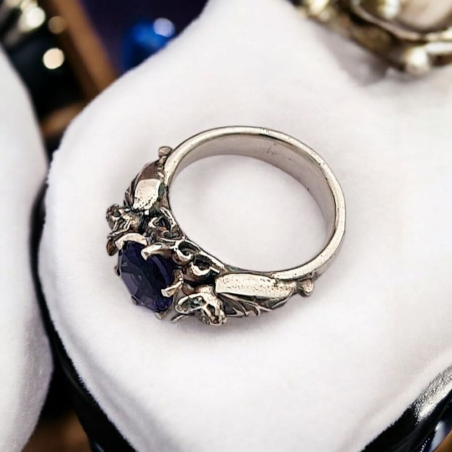 🦇 Silver Bat Ring with Deep Purple Zircon – Gothic Sterling Silver Jewelry | Alternative Engagement Ring