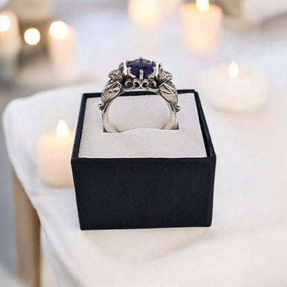🦇 Silver Bat Ring with Deep Purple Zircon – Gothic Sterling Silver Jewelry | Alternative Engagement Ring