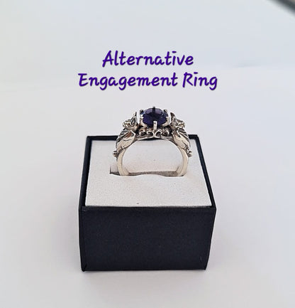 🦇 Silver Bat Ring with Deep Purple Zircon – Gothic Sterling Silver Jewelry | Alternative Engagement Ring