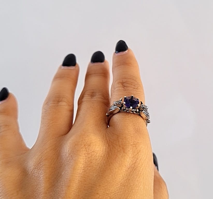 🦇 Silver Bat Ring with Deep Purple Zircon – Gothic Sterling Silver Jewelry | Alternative Engagement Ring