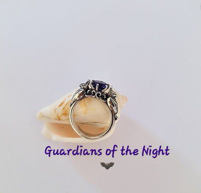 🦇 Silver Bat Ring with Deep Purple Zircon – Gothic Sterling Silver Jewelry | Alternative Engagement Ring