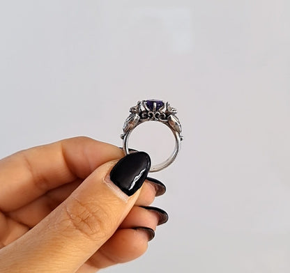 🦇 Silver Bat Ring with Deep Purple Zircon – Gothic Sterling Silver Jewelry | Alternative Engagement Ring