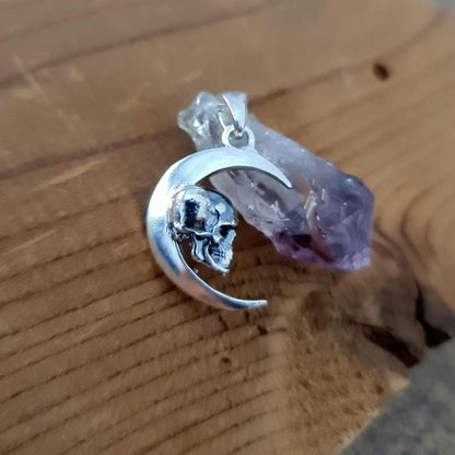 Handmade Gothic Sterling Silver Skull Moon Pendant Necklace