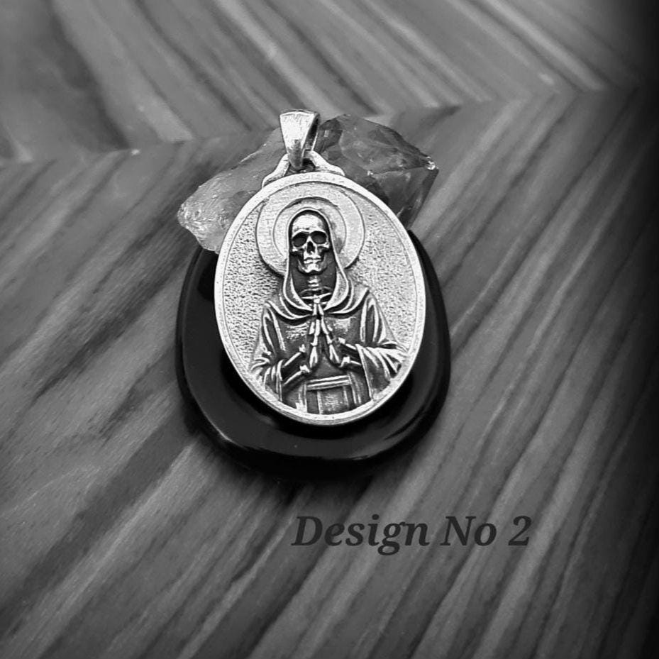 925 Silver Santa Muerte Pendant: Gothic Praying Skull Necklace