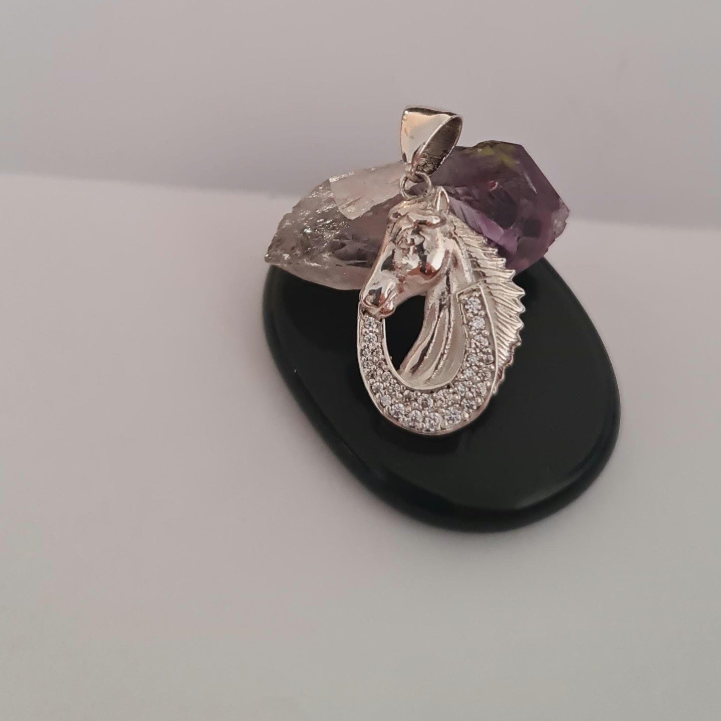 Sterling Silver Horse Pendant: Zircon Horseshoe Equestrian Necklace