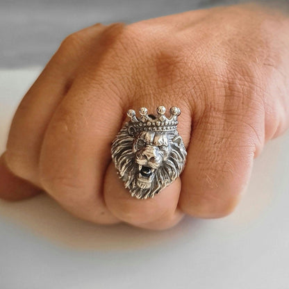 Handmade 925 Silver Lion Ring: Gothic Crown Ring