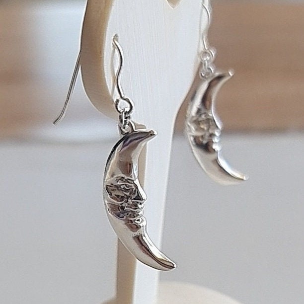 Sterling Silver Moon Face Earrings: Handmade Celestial Jewelry