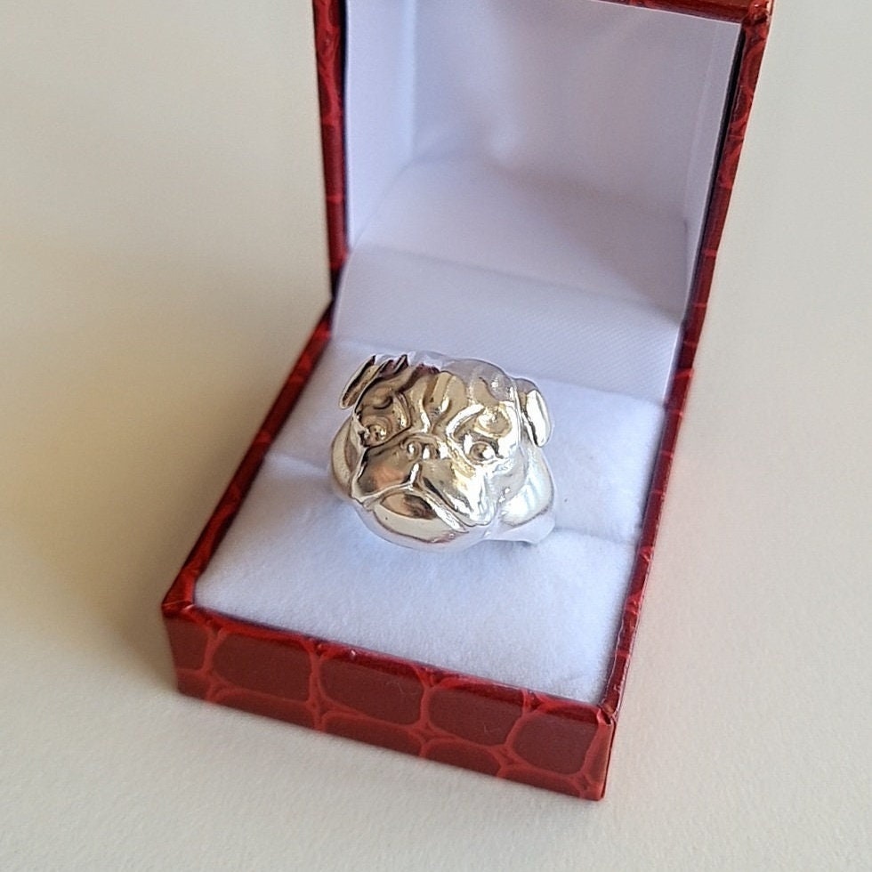 Handmade Sterling Silver Pug Ring: Detailed 925 Silver Dog Jewelry