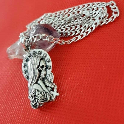 925 Silver Santa Muerte praying Pendant  with Roses & A cross Rosary - Holy Death