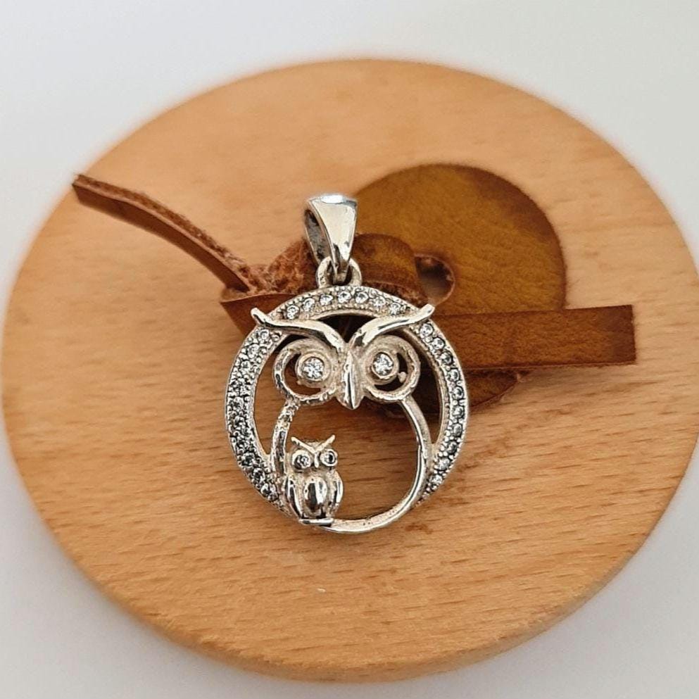 Sterling Silver Mummy & Baby Owl Pendant: Sparkling Stone Eyes