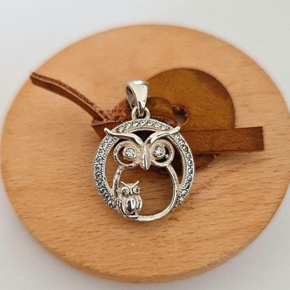 Sterling Silver Mummy & Baby Owl Pendant: Sparkling Stone Eyes